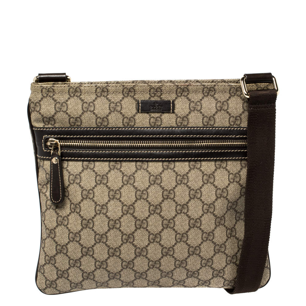 Pre Owned Gucci Beige GG Supreme Canvas Flat Messenger Bag