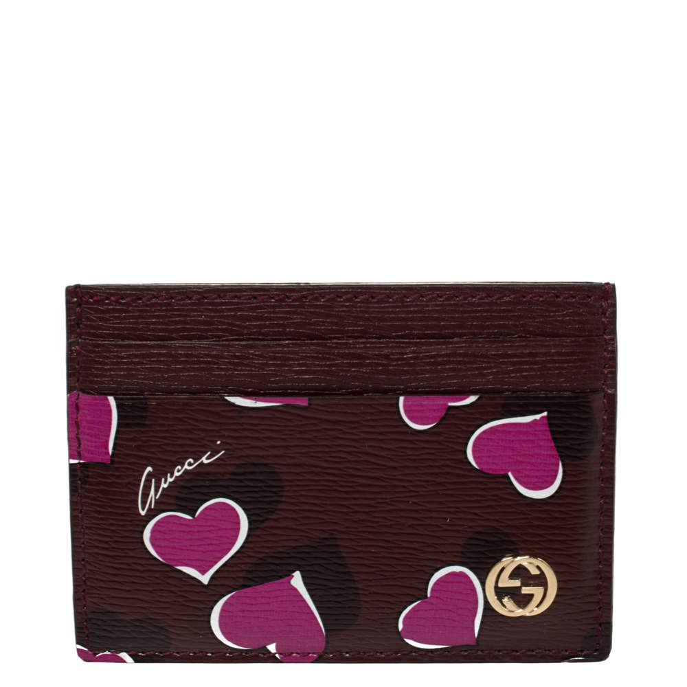 Pre Owned Gucci Burgundy Leather Heartbeat Print Card Holder