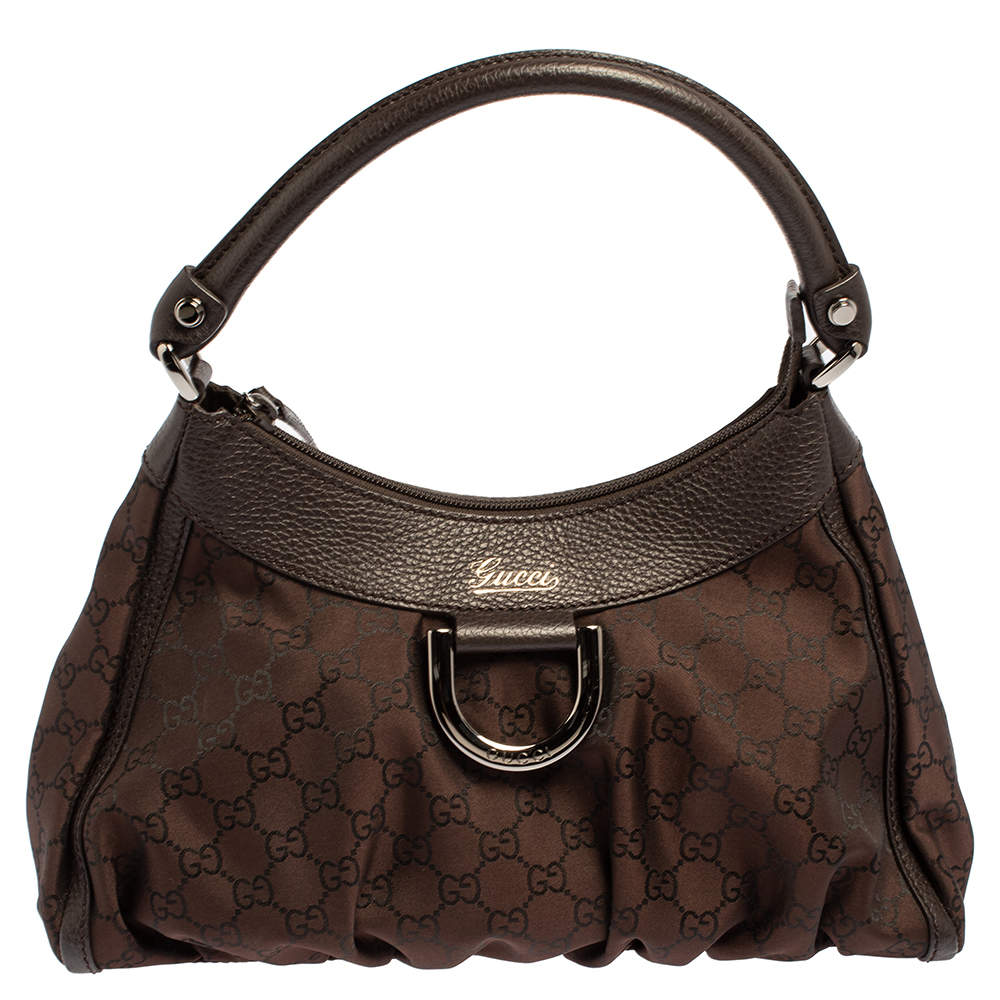 Gucci Brown GG Nylon and Leather Small D Ring Hobo