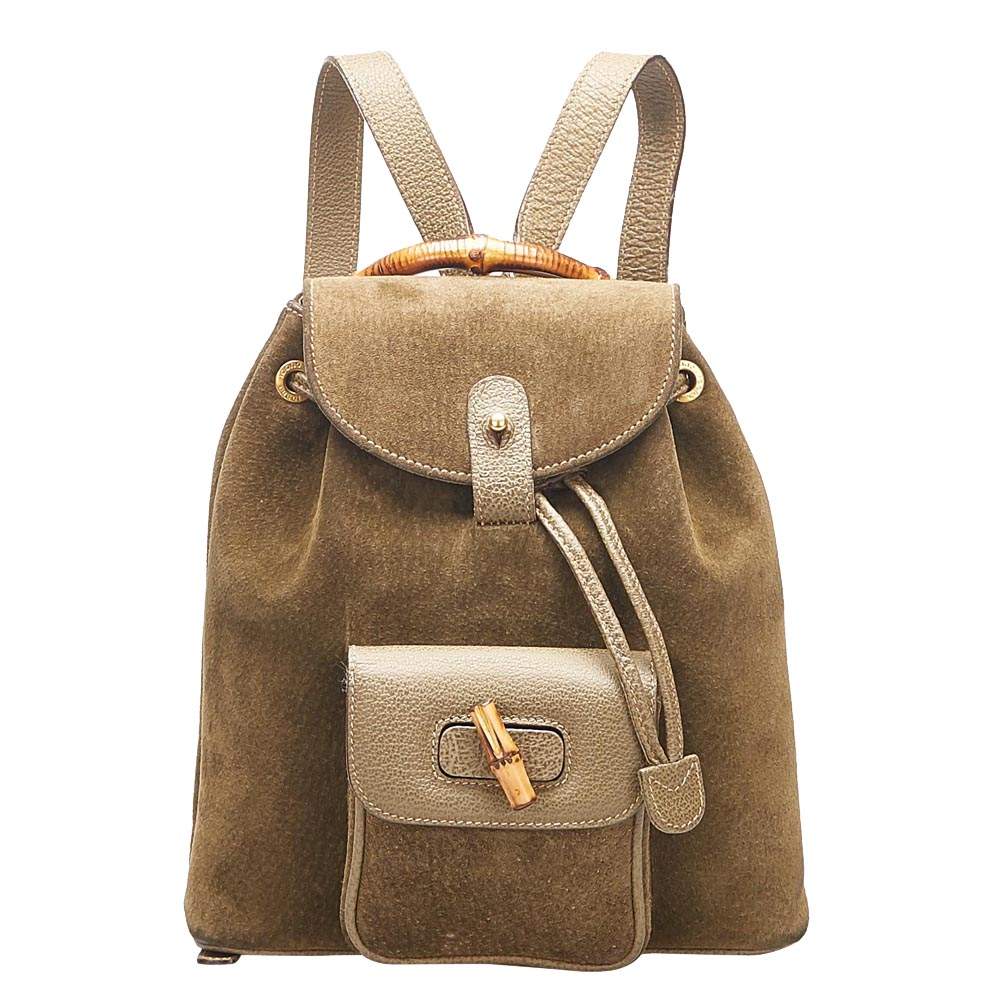Gucci Brown Suede Bamboo Drawstring Backpack