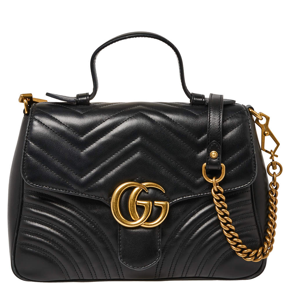 Pre Owned Gucci Black Matelasse Leather Small GG Marmont Top Handle Bag