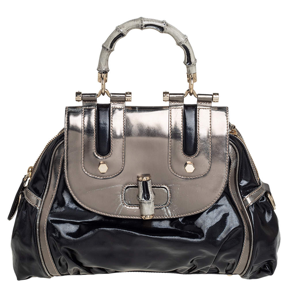Pre Owned Gucci Black Coated Nylon and Patent Leather Dialux Pop Bamboo Top Handle Bag