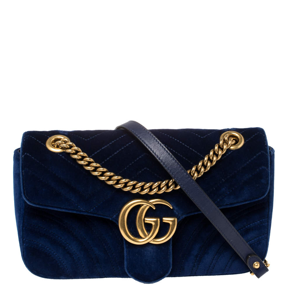 Gucci Blue Matelassé Velvet Small GG Marmont Shoulder Bag