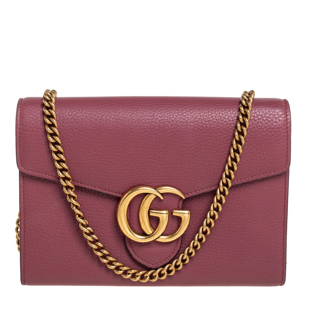 Gucci Old Rose Leather GG Marmont Wallet on Chain