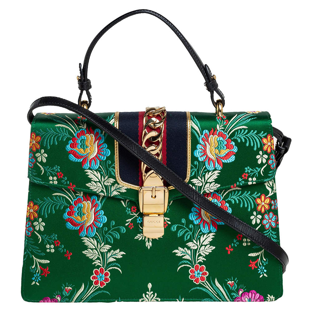 Gucci Green Satin Floral Brocade Sylvie Top Handle Bag Gucci | The ...