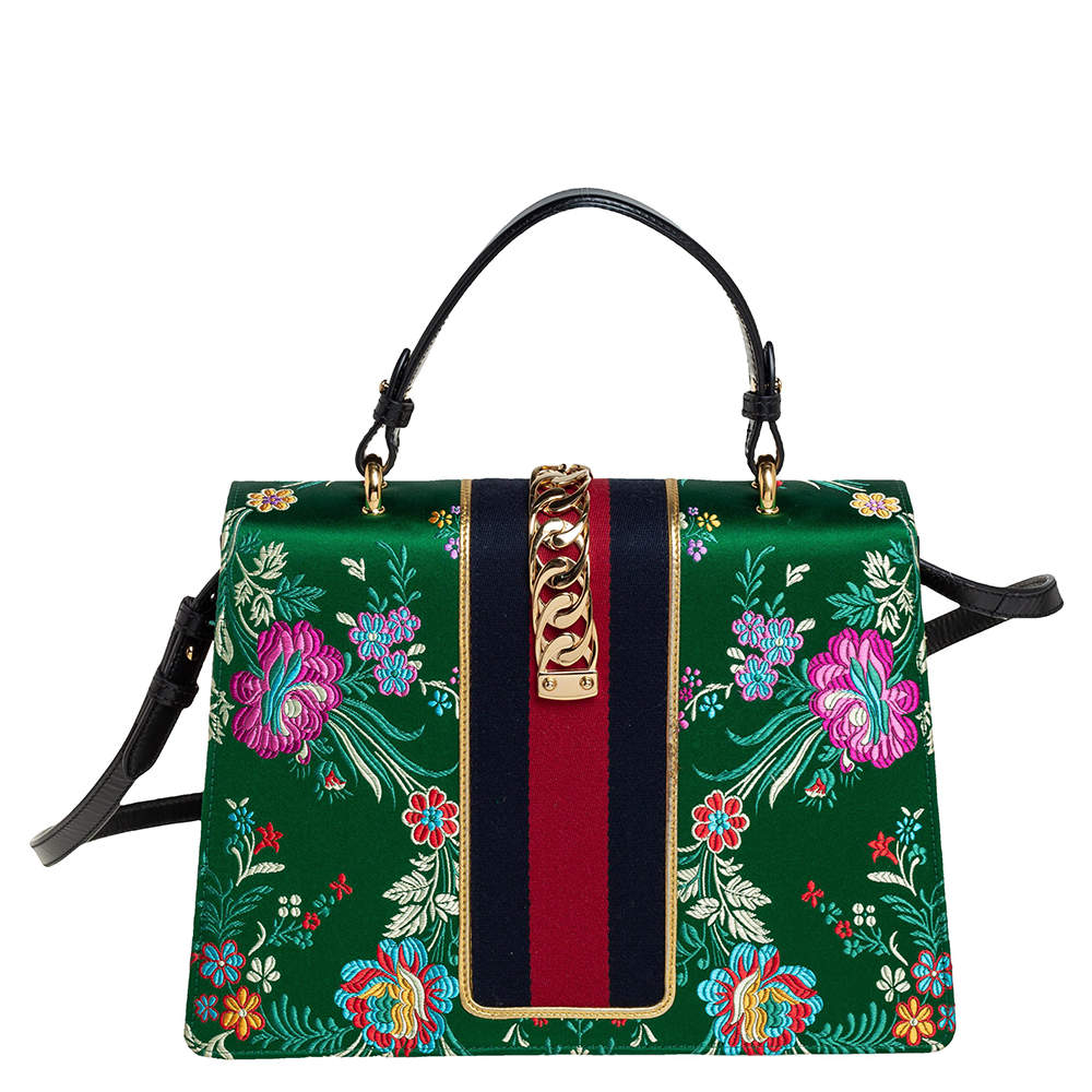 GUCCI GREEN FLORAL JACQUARD SMALL SYLVIE BAG