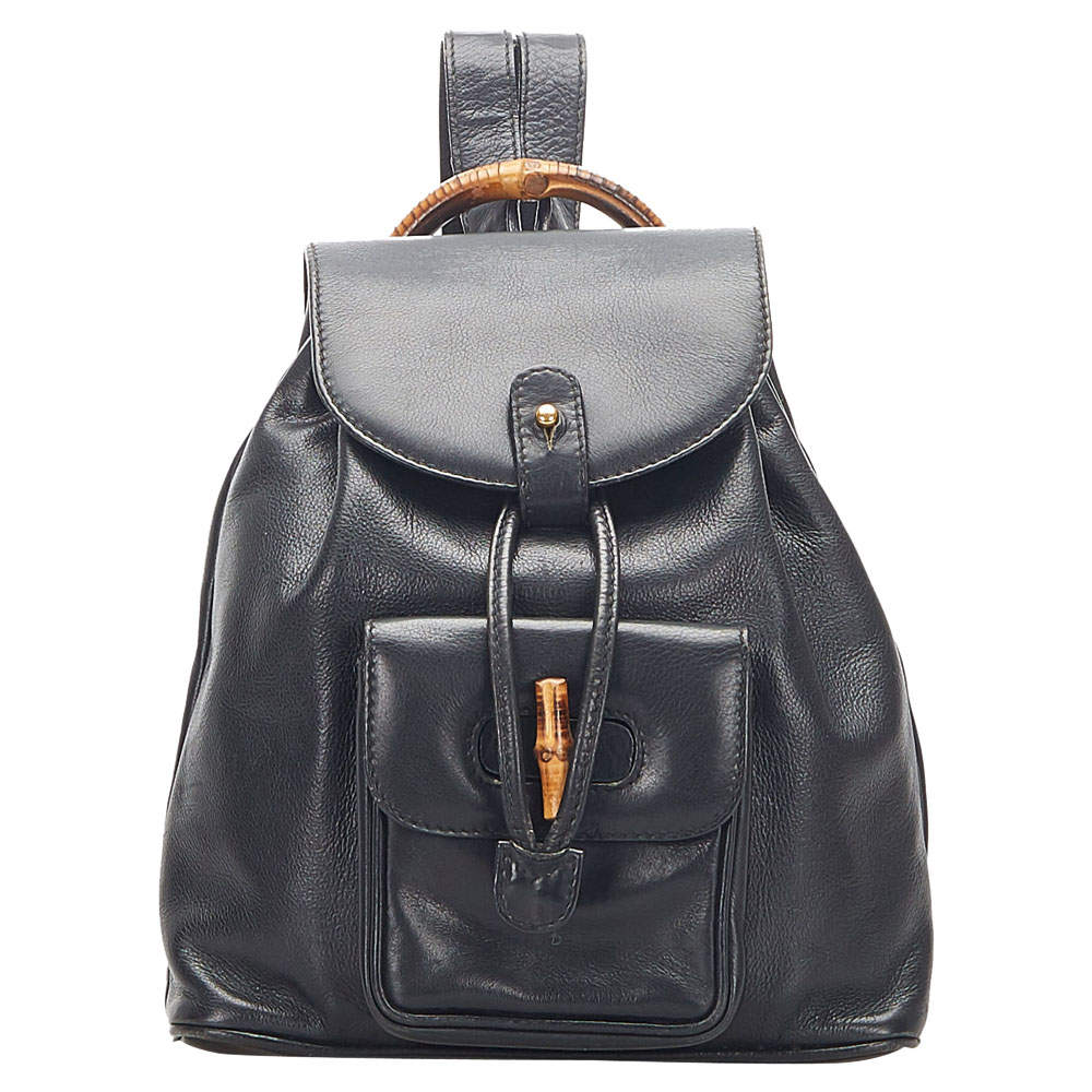 Pre Owned Gucci Black Calf Leather Bamboo Drawstring Backpack