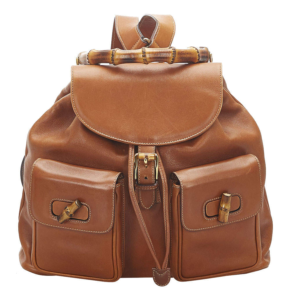 مملوكة مسبقًا Gucci Brown Calf Leather Bamboo Drawstring Backpack