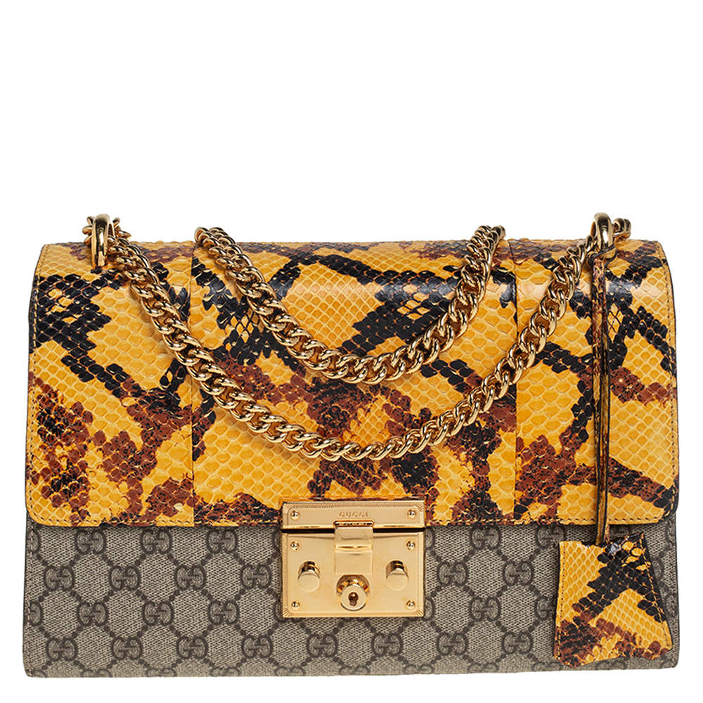 مملوكة مسبقًا حقيبة كتف غوتشي جلد ثعبان وكانفاس جي جي سوبريم أصفر/بيج قفل متوسطة