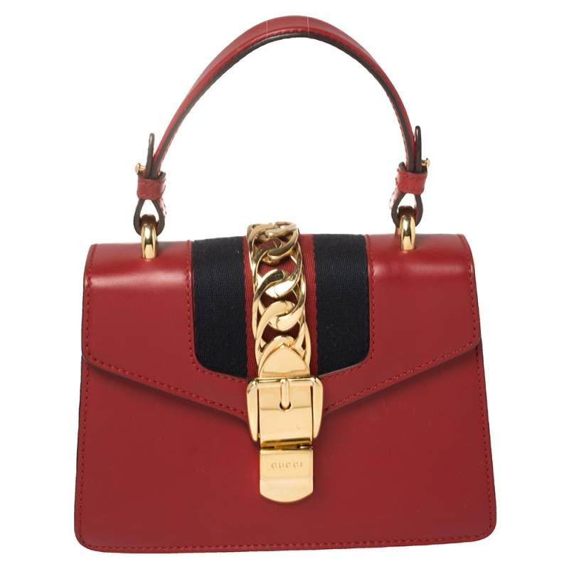 Pre Owned Gucci Red Leather Mini Web Chain Sylvie Top Handle Bag