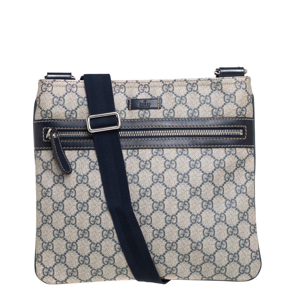 Pre Owned Gucci Beige/Blue GG Supreme Canvas Flat Messenger Bag