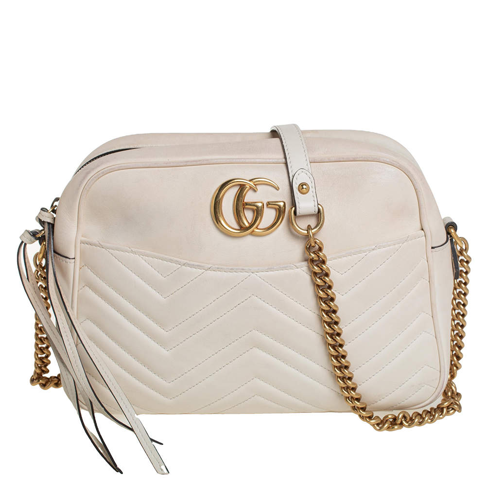 Gucci Off White Matelassé Leather Medium GG Marmont Shoulder Bag