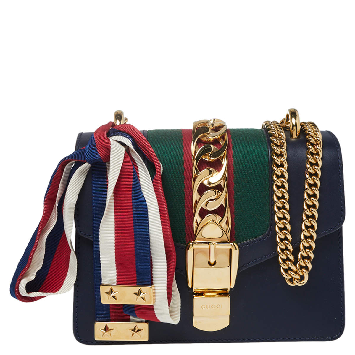 مملوكة مسبقًا حقيبة كتف غوتشي سيلفي جلد أزرق كحلي مزين ويب ذات سلسلة صغيرة 