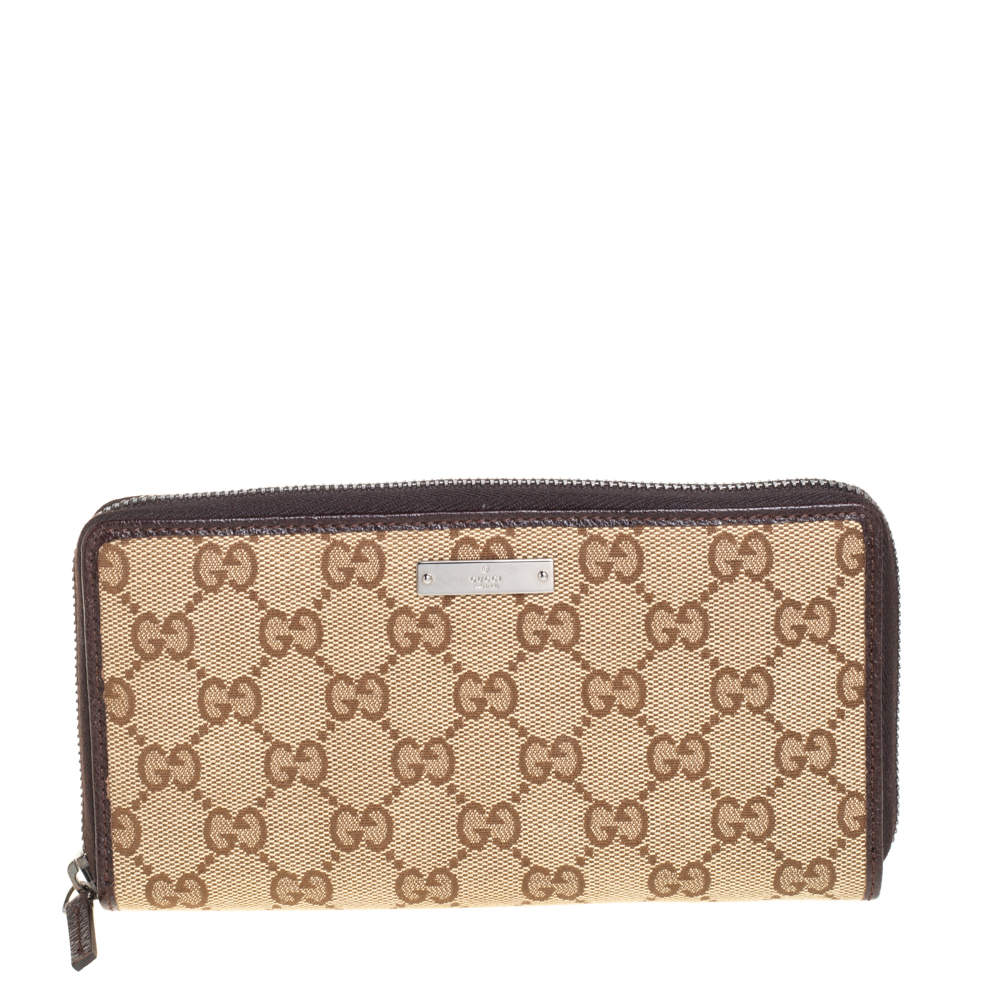 折りたたみ財布 GUCCI SMALL OPHIDIA WALLET IN BEIGE/EBONY GG FABRIC Gucci Beige/Ebony GG Canvas and Leather Zip Around Wallet