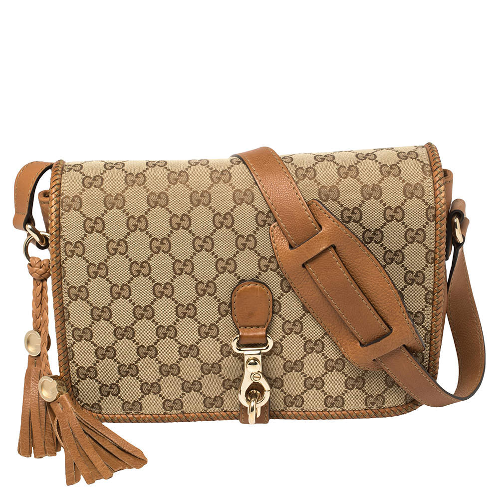 Pre Owned Gucci Beige/Brown GG Canvas and Leather Medium Marrakech Tassel Messenger Bag