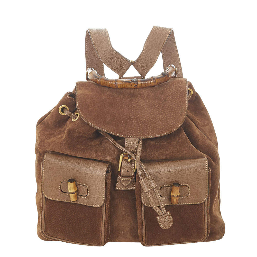 مملوكة مسبقًا Gucci Brown Suede Bamboo Drawstring Backpack