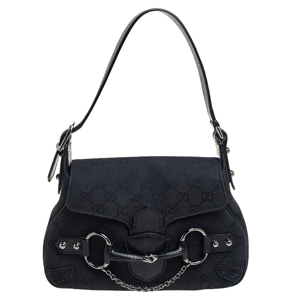 Pre Owned حقيبة كتف غوتشي جلد وكانفاس جي جي أسود مزين هورسبيت صغيرة