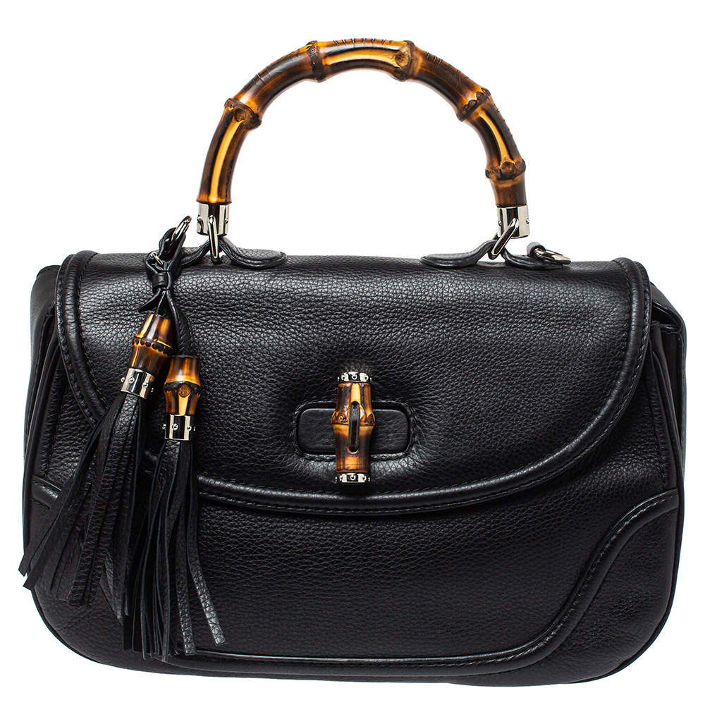 Pre Owned Gucci Black Leather Large New Bamboo Tassel Top Handle Bag
