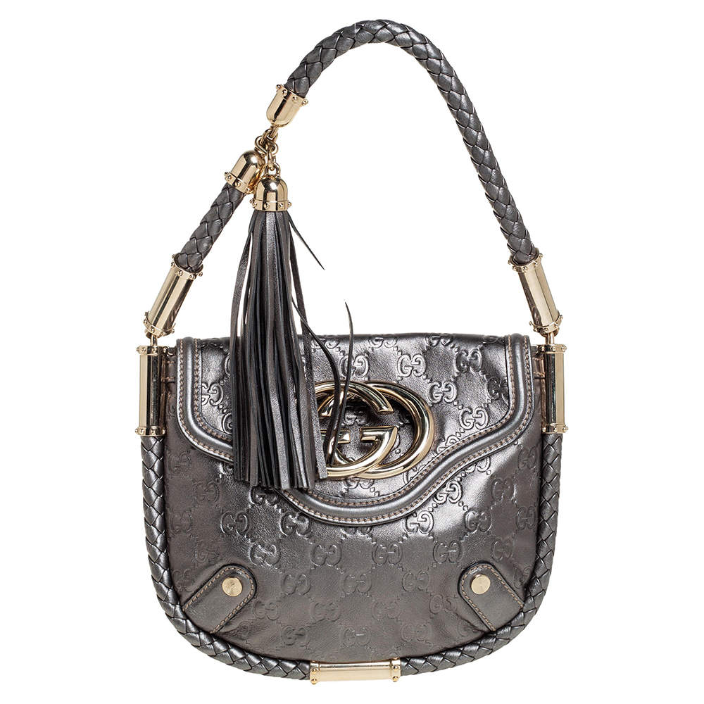 مملوكة مسبقًا حقيبة كتف غوتشي بريت صغيرة جلد غوتشيسيما رصاصي ميتالك