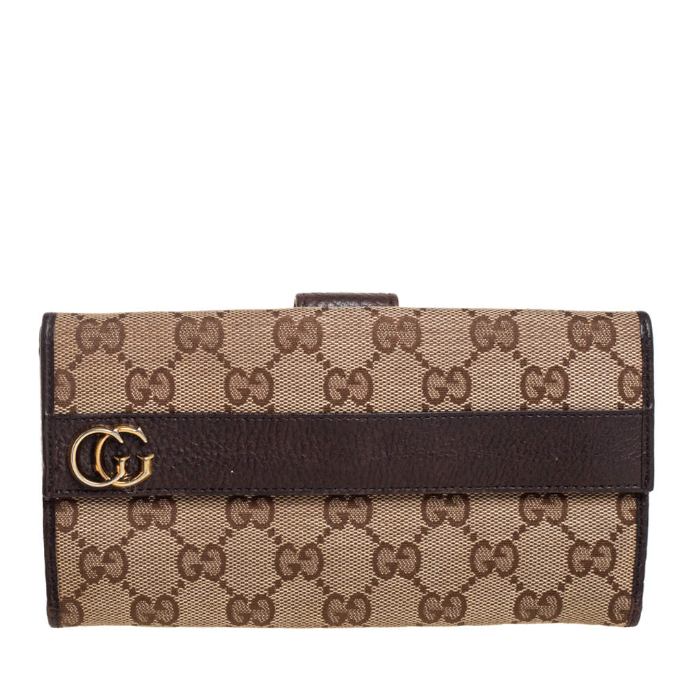 Pre Owned Gucci Brown/Beige GG Canvas and Leather Continental Wallet
