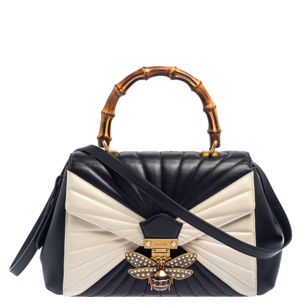 Pre Owned Gucci Black/White Quilted Leather Medium Queen Margaret Bamboo Top Handle Bag