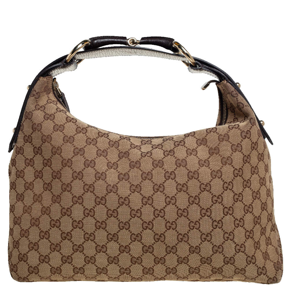 Gucci Beige/Brown GG Canvas and Leather Horsebit Hobo