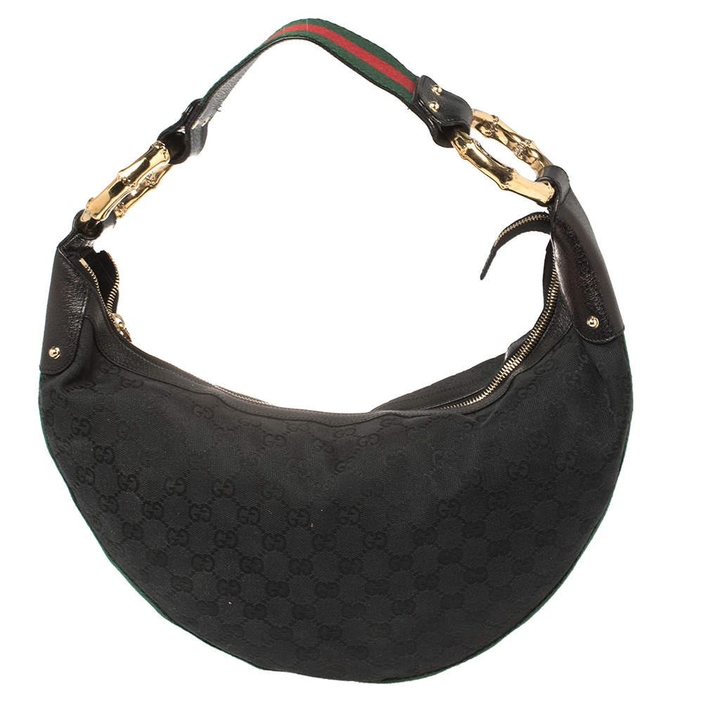 Pre Owned Gucci Black GG Canvas and Leather Medium Web Bamboo Ring Hobo