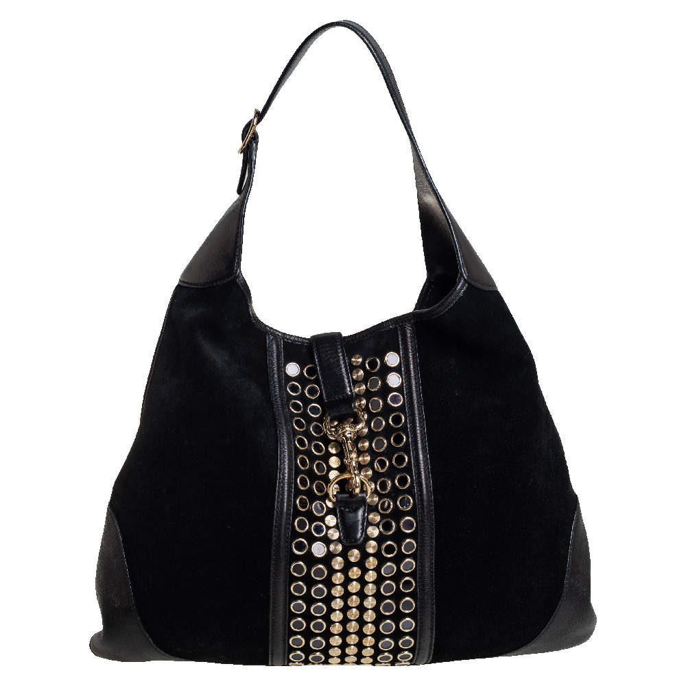 Gucci Black Suede And Leather Large Jackie O Bouvier  Embellished Hobo 