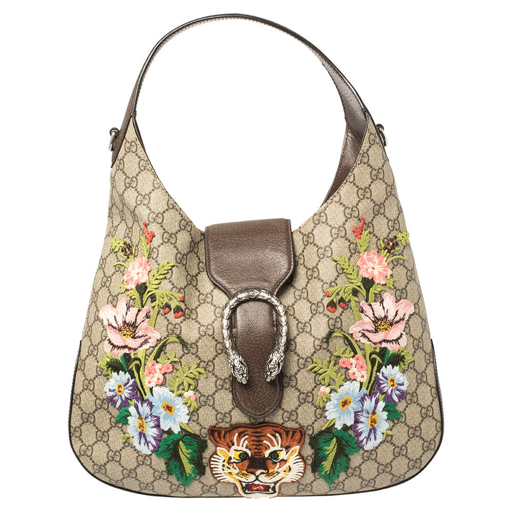 Gucci Beige/Ebony GG Supreme Coated Canvas and Leather Embroidered Medium Dionysus Hobo