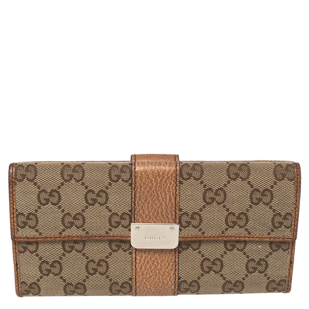 Pre Owned Gucci Beige/Tan GG Canvas and Leather Continental Wallet