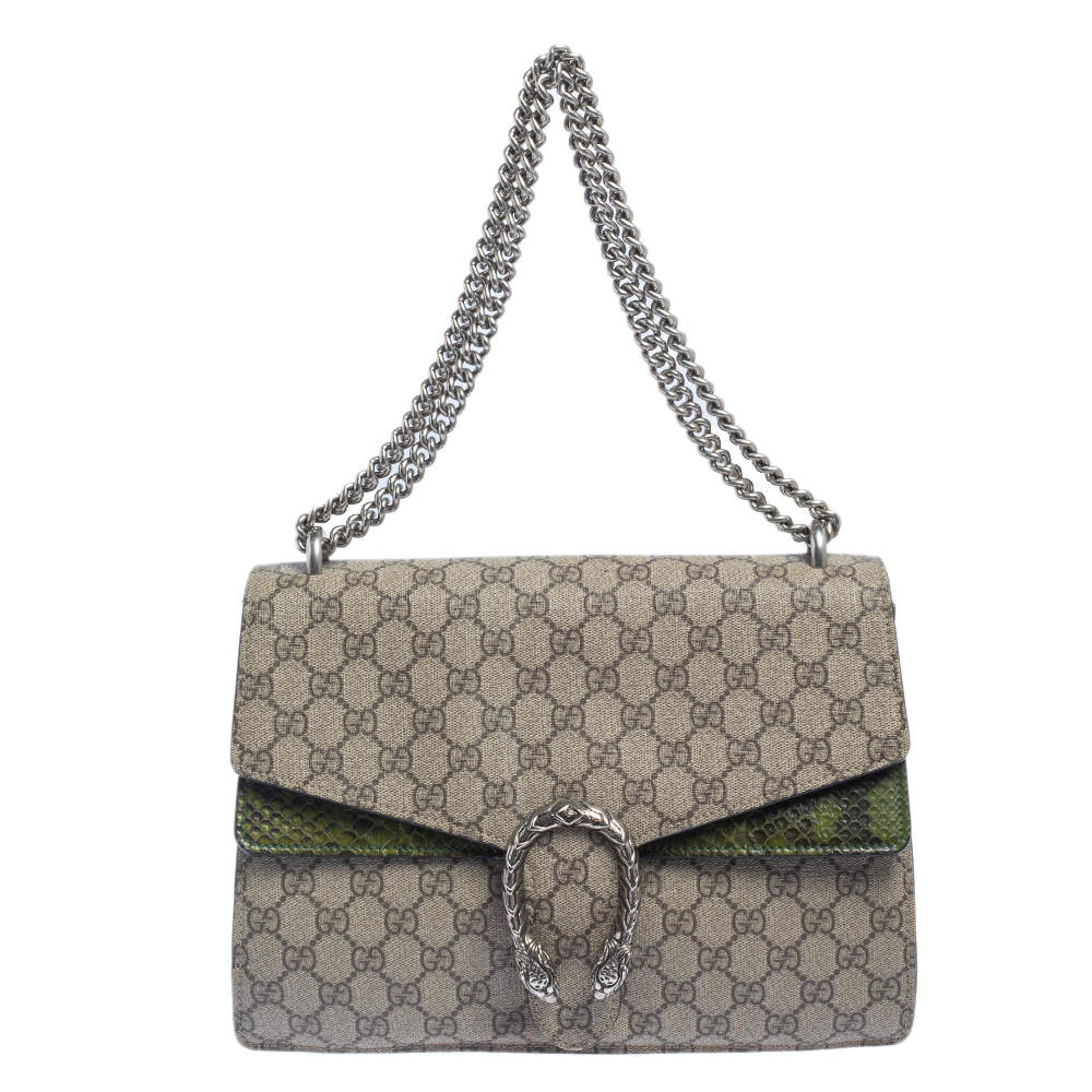 Pre Owned Gucci Beige/Green GG Supreme Canvas and Python Dionysus Medium Shoulder Bag