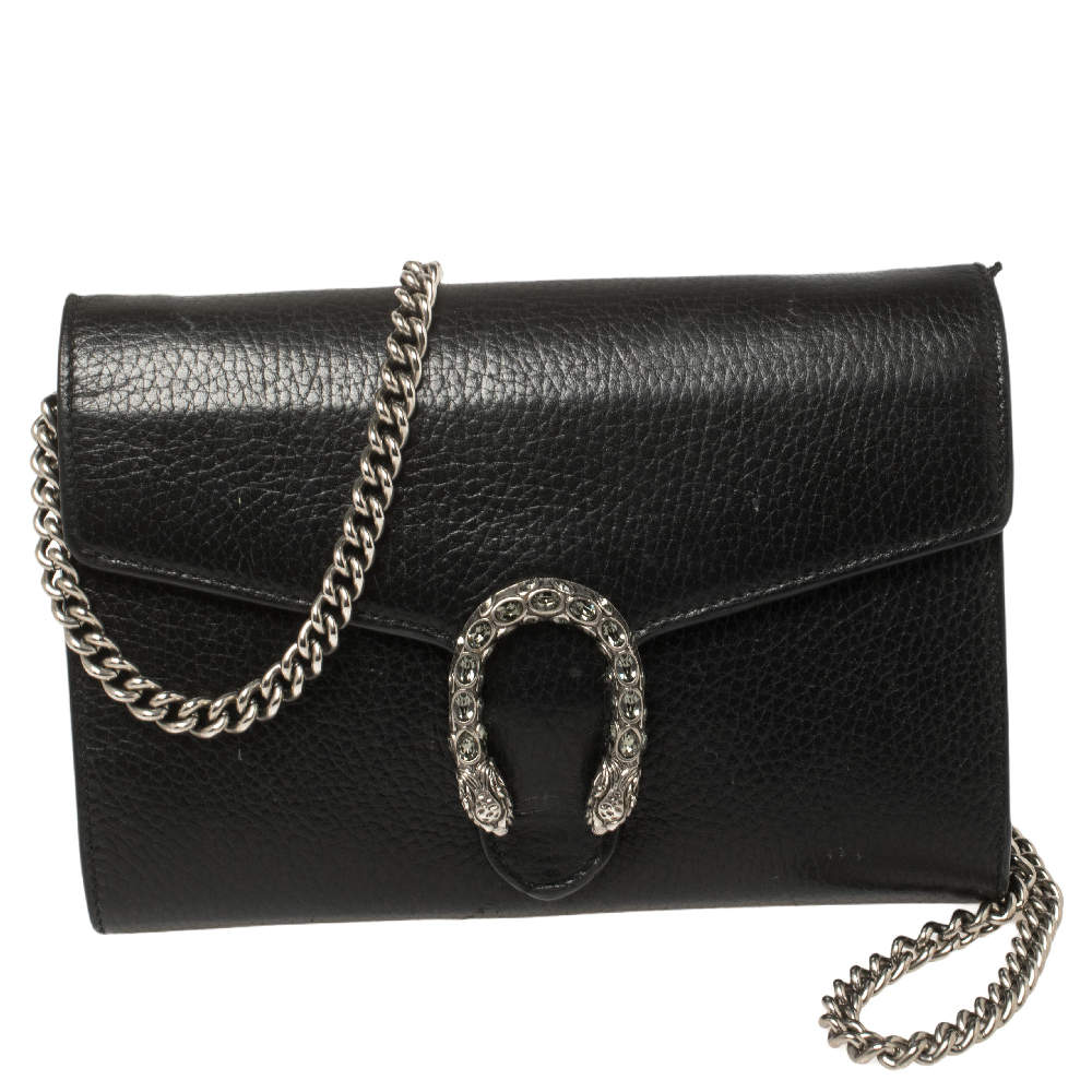 Pre Owned Gucci Black Leather Dionysus Wallet On Chain