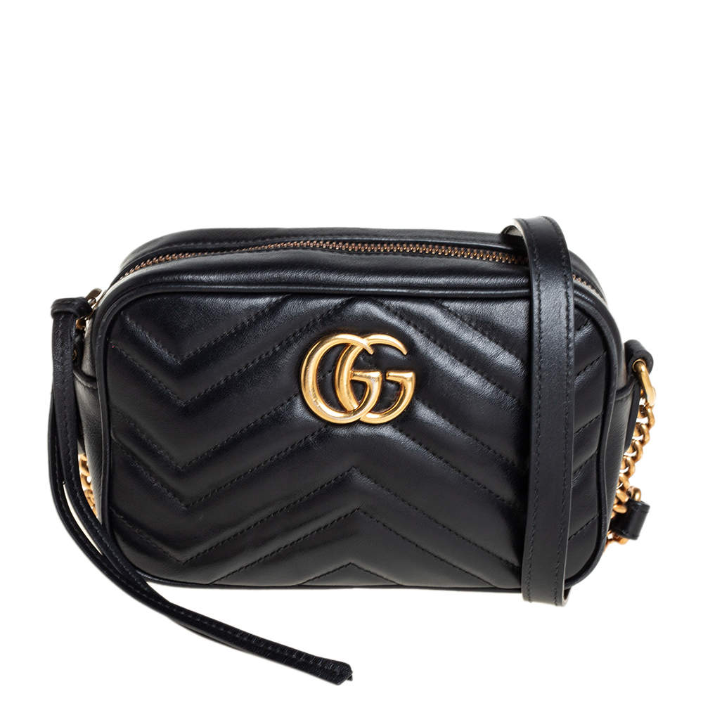 Pre Owned Gucci Black Matelassé Leather Mini GG Marmont Camera Crossbody Bag