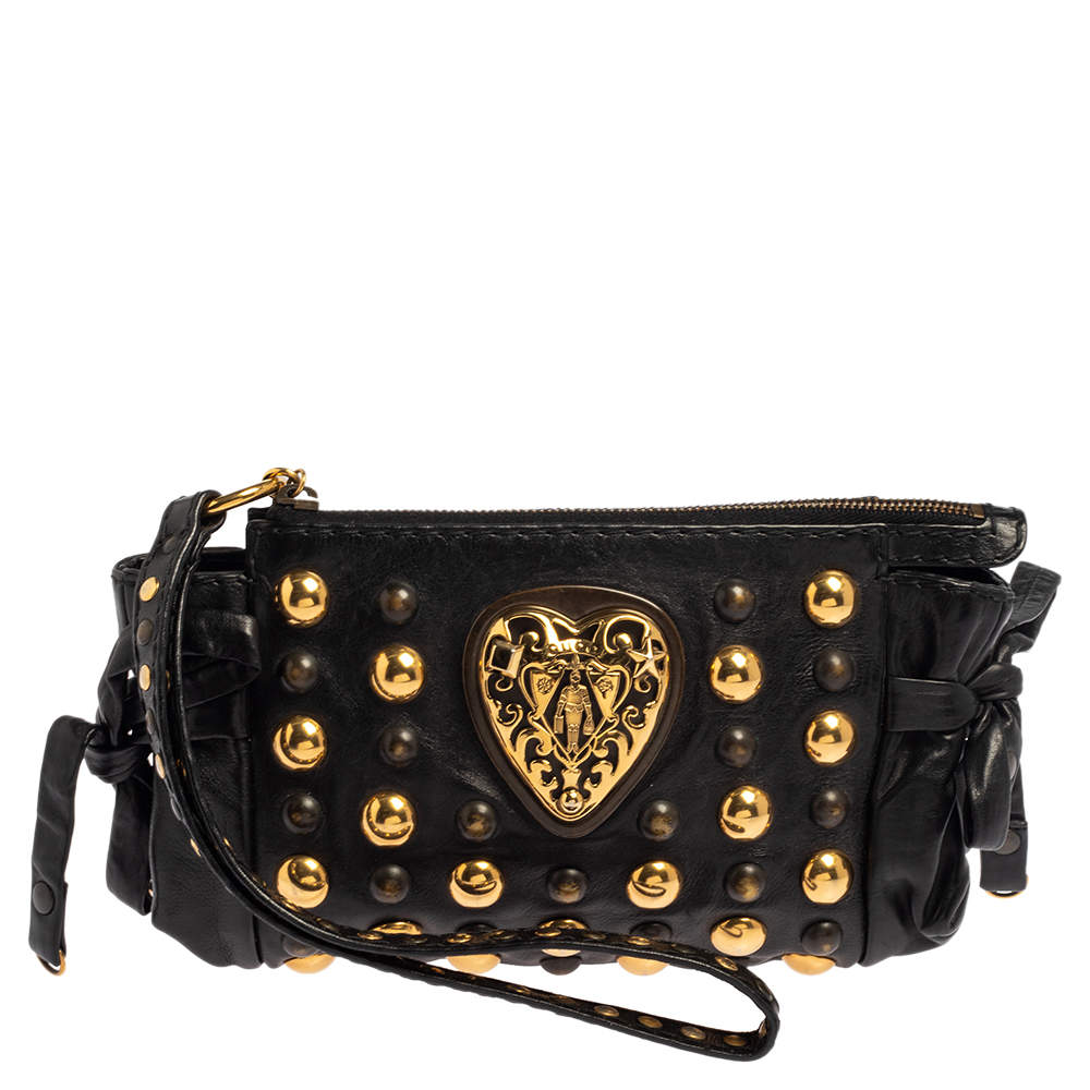 Pre Owned Gucci Black Leather Hysteria Studded Wristlet Clutch