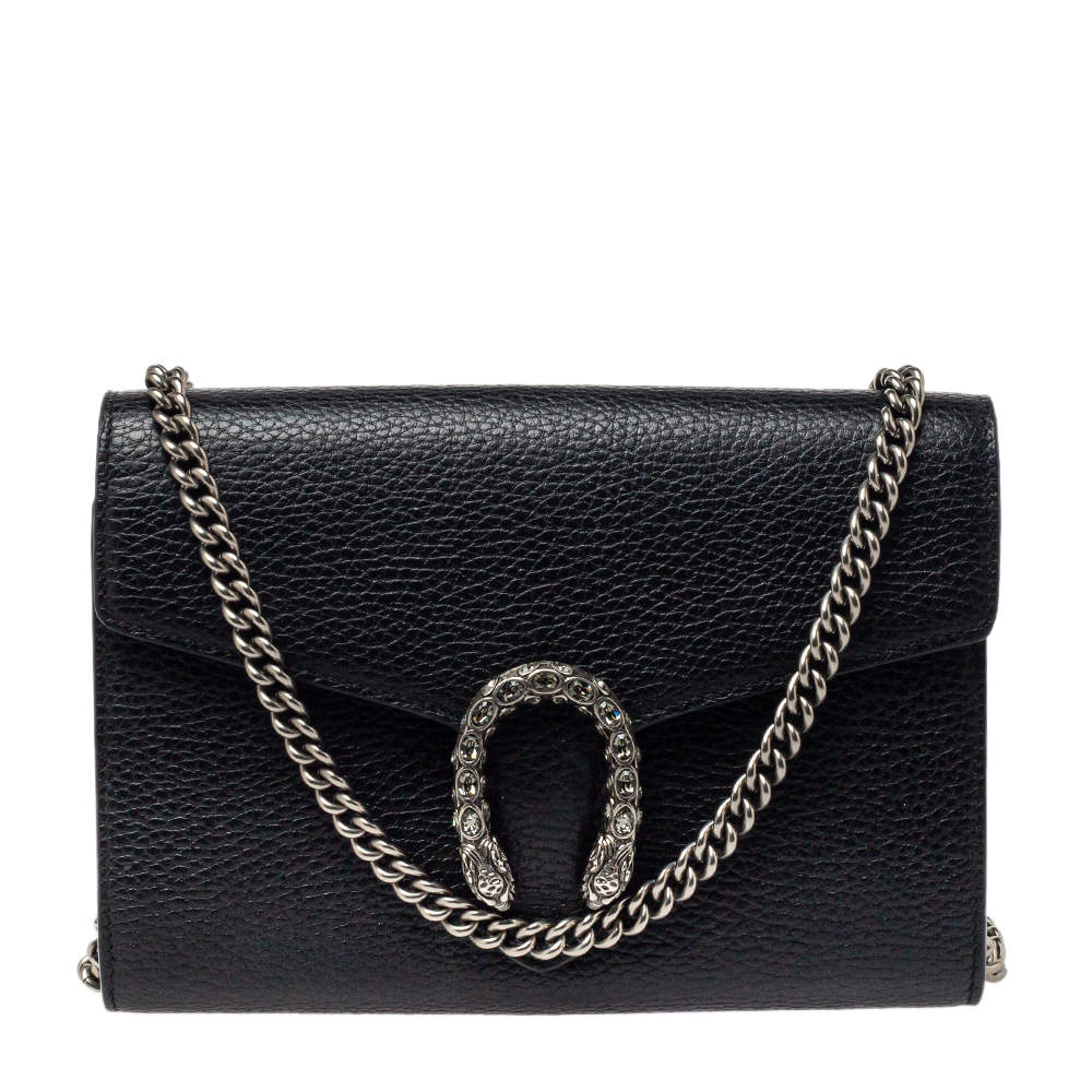 Pre Owned Gucci Black Leather Dionysus Wallet On Chain