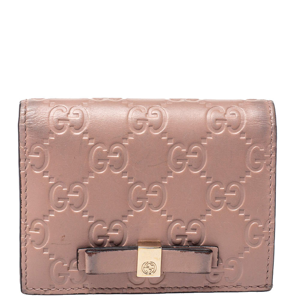 Pre Owned Gucci Pink Guccissima Leather Bow Card Case