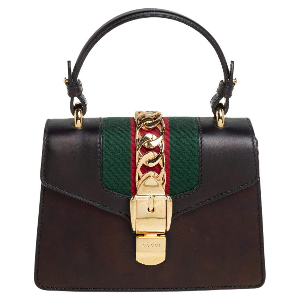 Gucci Black Leather Mini Web Sylvie Top Handle Bag