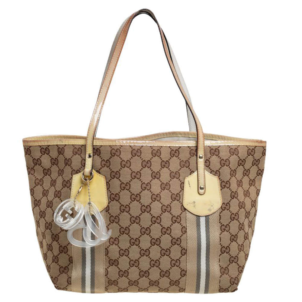 Pre Owned Gucci Beige/Yellow GG Canvas And Patent Leather Tote 