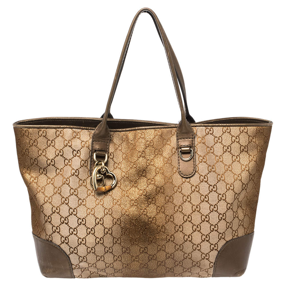 Gucci Beige/Brown GG Canvas and Leather Medium Embellished Heart Bit Charm  Tote
