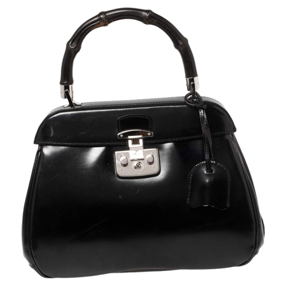 Gucci Black Glossy Leather Medium Lady Lock Top Handle Bag