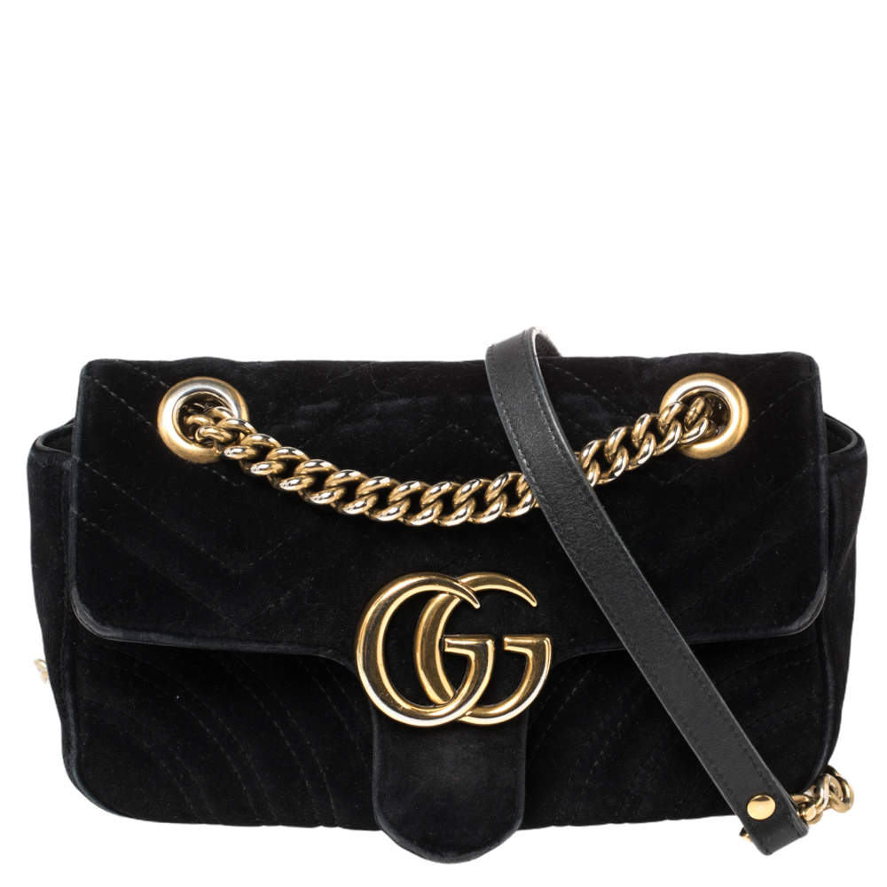 Pre Owned Gucci Black Matelasse Velvet Mini GG Marmont Shoulder Bag