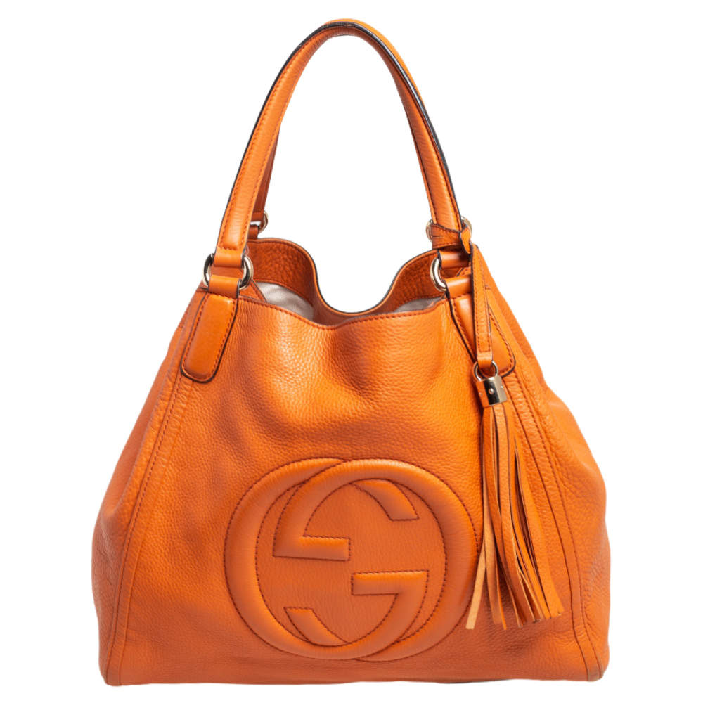Pre Owned Gucci Orange Pebbled Leather Medium Soho Tote