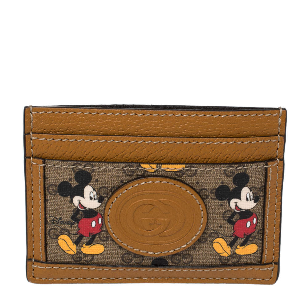Pre Owned Gucci x Disney Beige/Tan GG Supreme Canvas and Leather Mickey Mouse Card Holder