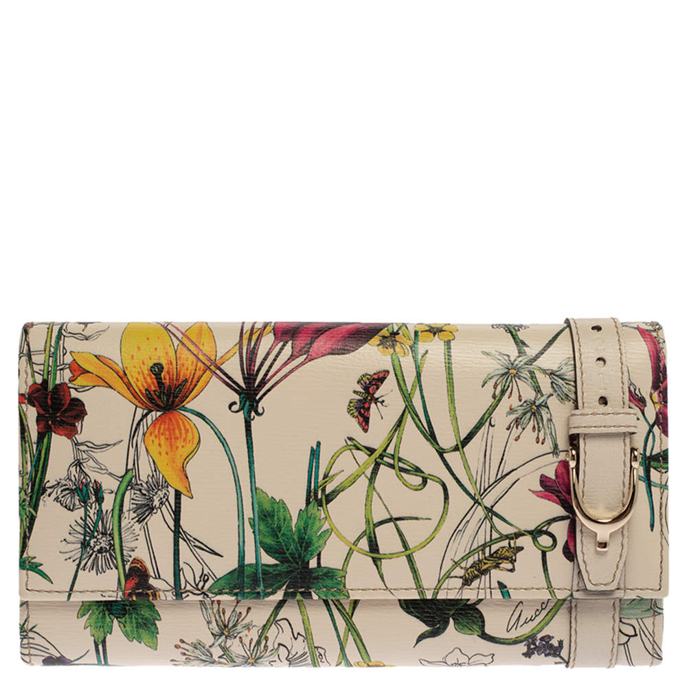 Gucci Off White Floral Print Leather Nice Continental Wallet