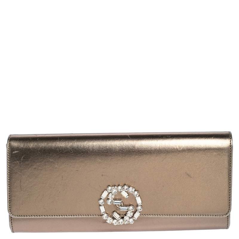 Pre Owned Gucci Metallic Bronze Leather Broadway GG Crystal Clutch