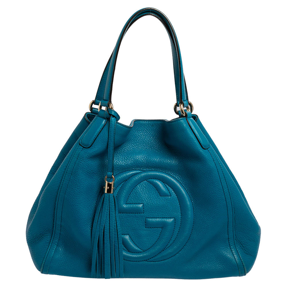 Pre Owned Gucci Blue Pebbled Leather Medium Soho Tote