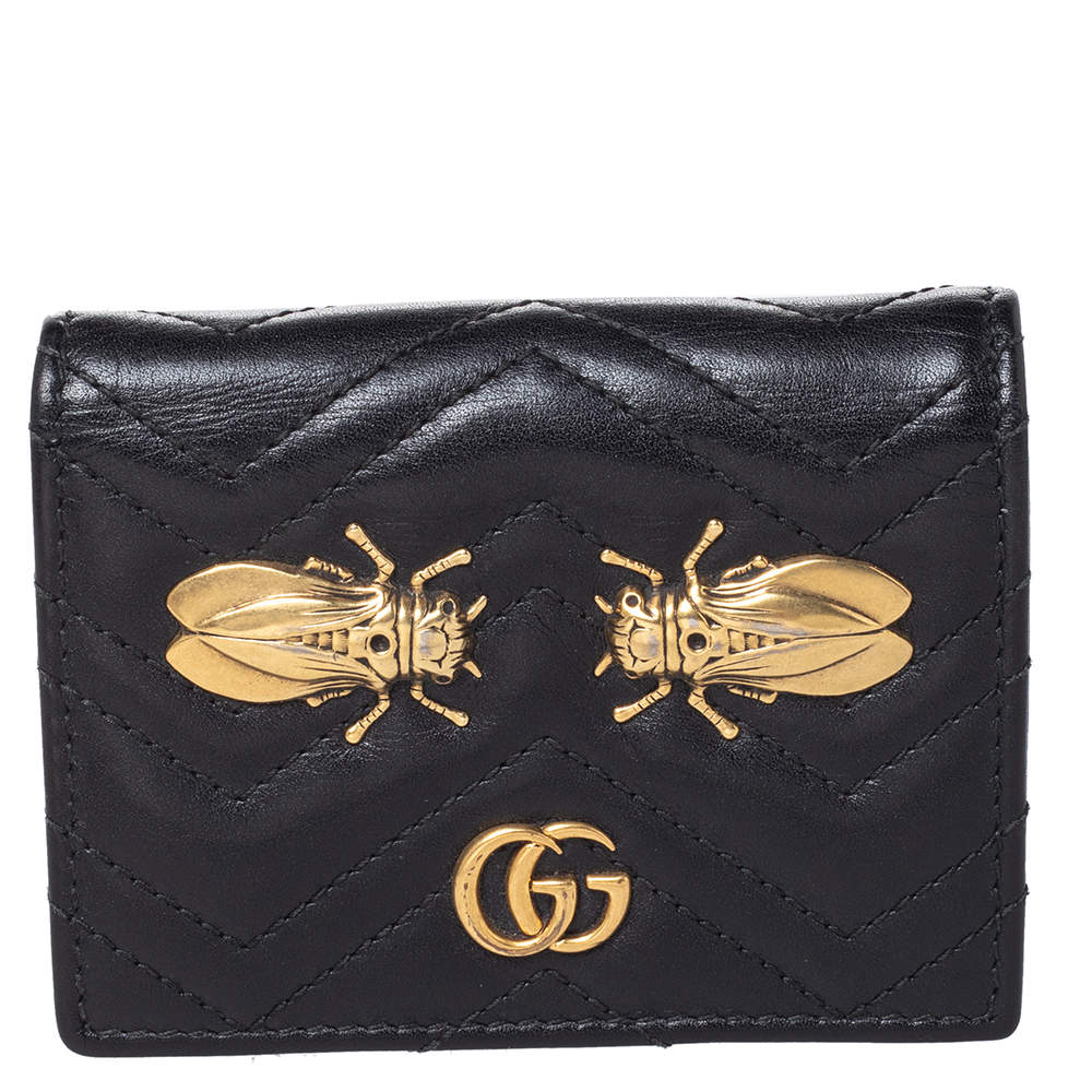 مملوكة مسبقًا Gucci Black Leather Cicada GG Marmont Card Case