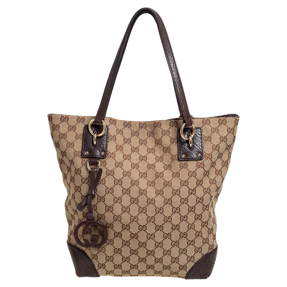 Gucci Brown/Beige GG Canvas and Leather Charm Tote