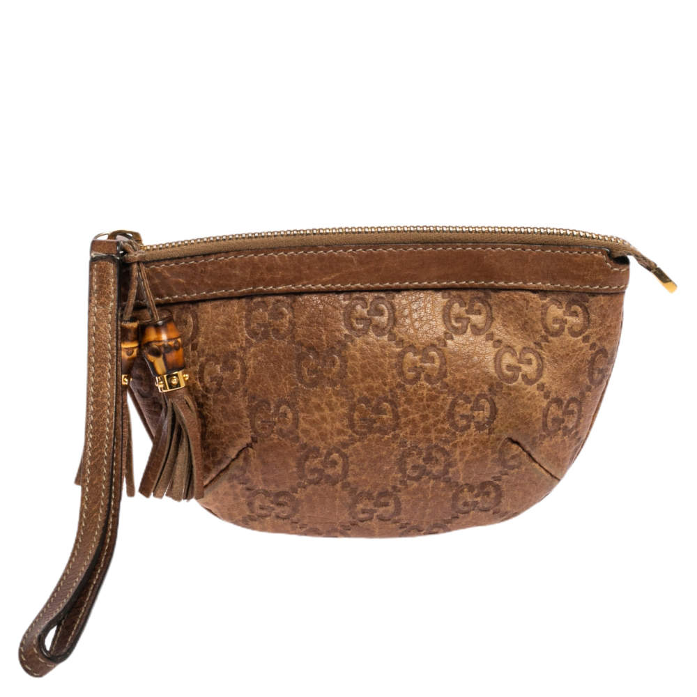 Gucci Brown Guccissima Leather Bamboo Wristlet Clutch