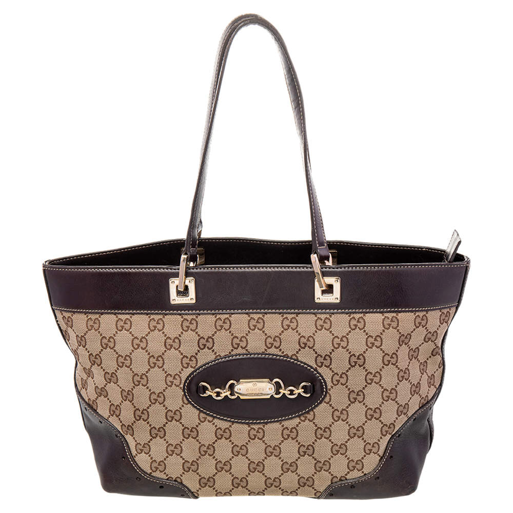 Pre Owned Gucci Beige/Brown GG Canvas and Leather Tote